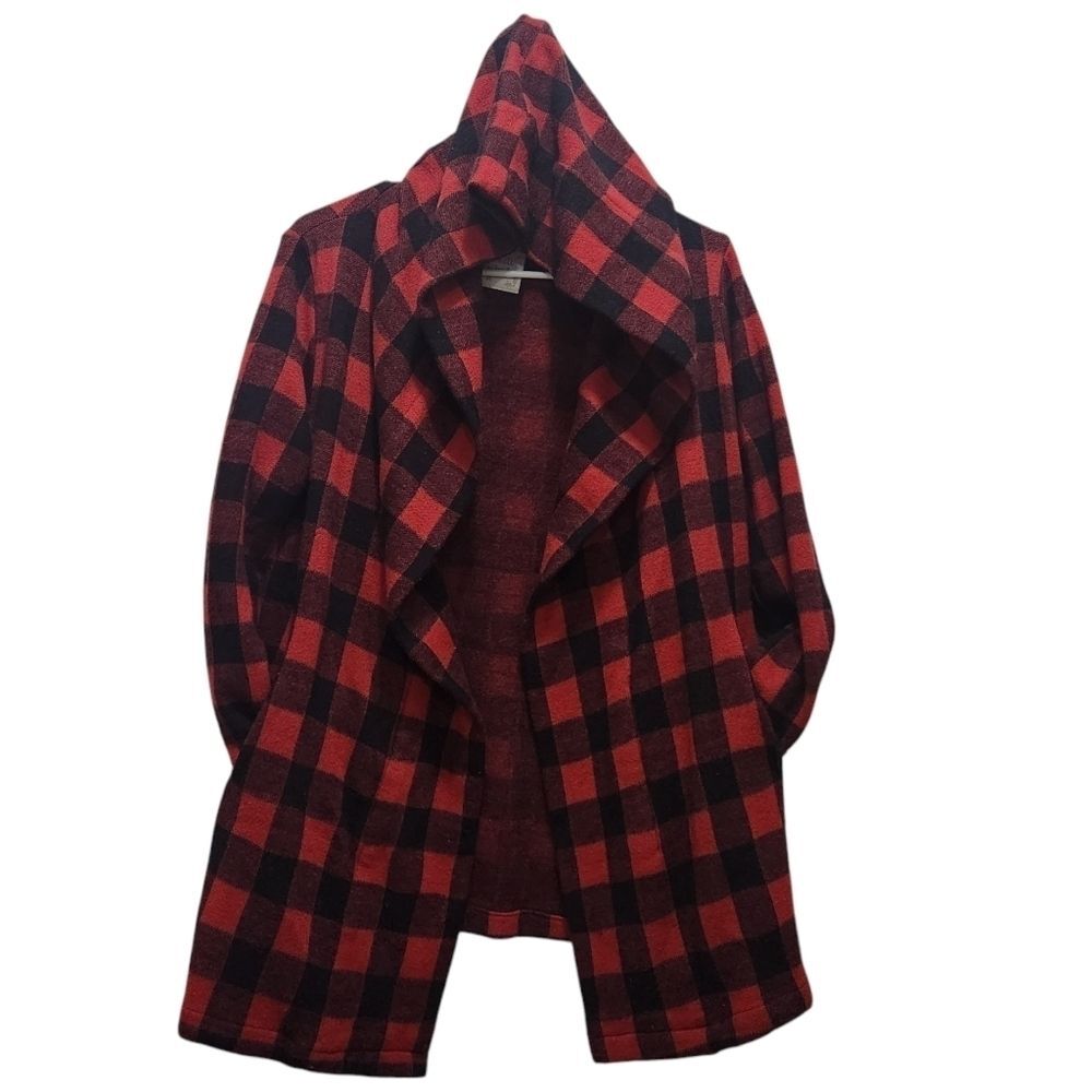 Altar'd State M Red Black Buffalo Plaid Hooded Open Front Cardigan Coatigan